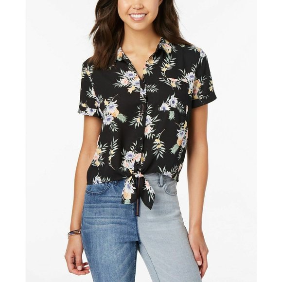 Hippie Rose Floral Pineapple Tropical Tie-Front - Picture 1 of 8